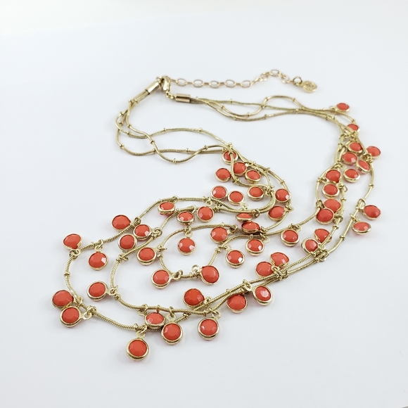 Anne Klein layer necklace gold tone orange accents 3 strands pop color - Picture 2 of 16